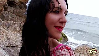 Her pretty face overexcited swallowing cum after outdoor anal!