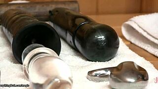 In the sauna, lesbians explore wild anal toying. They push limits with gaping dildo play.