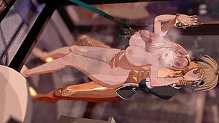 Tsukishiro Yanagi bends over in doggystyle motion, taking damage with voice cries