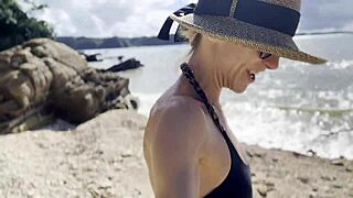 The beautiful Japanese adult film actress enjoys a solo pleasure at the Pacific Ocean