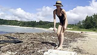The beautiful Japanese adult film actress enjoys a solo pleasure at the Pacific Ocean