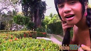 Young beauty Tobie enjoys solo pleasure outdoors and fingers her sweet pussy