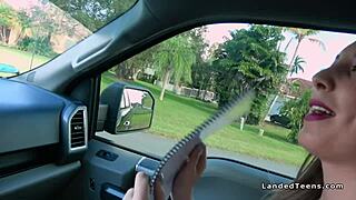 Natural busty teen hitchhiker gets pounded hard in outdoor POV banging.