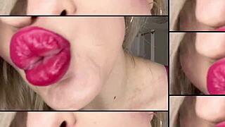 Bimbo in lingerie worships huge lips with tongue