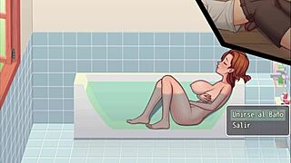 hentai game instructor gives blowjob and shows huge ass in bathroom.