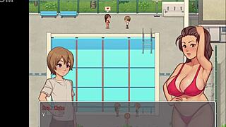 hentai game instructor gives blowjob and shows huge ass in bathroom.