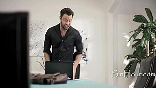 lucky husband catches secretary in huge tits blowjob and deepthroat!