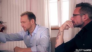 Busty bombshell Aletta Ocean meets two studs