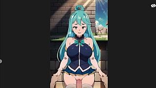 Konosuba Aqua enjoys standing sex and creampie in this hentai game scene.