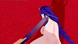 Genshin Impact scene with Raiden Shogun in 3D animation, 4K uncensored.