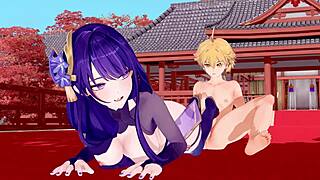 Genshin Impact scene with Raiden Shogun in 3D animation, 4K uncensored.