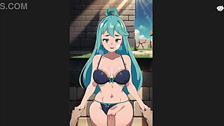 Konosuba Aqua enjoys standing sex and creampie in this hentai game scene.