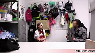 Petite Teen Shoplifter Caught in Uniform, Punished Hard on CCTV in Back Room