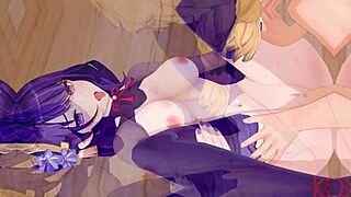 Genshin Impact scene with Raiden Shogun in 3D animation, 4K uncensored.