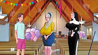 3D yoga class with a horny priest and a MILF