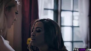 Hot models Demi Sutra and Anny Aurora dive into intense interracial lesbian sex with kissing and squirting.