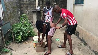 Gay friends help a house maid with her chores outdoors