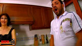 Mature brunette housewife gets her ass drilled hard in the kitchen for facial