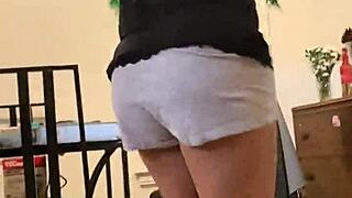 Anna maria, a mature dominican milf, struts in her tight booty shorts, showcasing her sexy latina curves