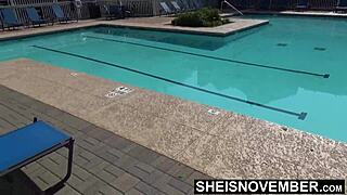 ebony babe msnovember gets naked after pool, showing petite body