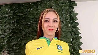 Dutch soccer fan passionately fucks Brazilian fan's ass without condom in POV, featuring ass to mouth and sheer lingerie.