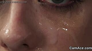 flirty stunner swallows cumshot from blowbang bukkake facial