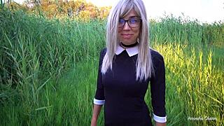 Cute blonde Veronika gives a messy outdoor blowjob