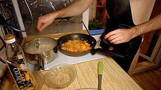 Sexy gay chef cooking NAKED, playing with toys in kitchen solo!