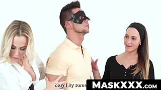 Angelo Godshacks gets a blowjob from Vinna Reed and Naomi Bennet in this masked threesome.