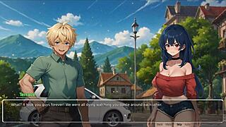 Horny girlfriend rips his shirt off in romance hentai game