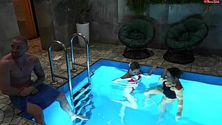 He’s one lucky guy banging a hot MILF and cute 18-year-old in a public sauna