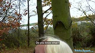 How does a tattooed busty German blonde get slammed against a tree in public?