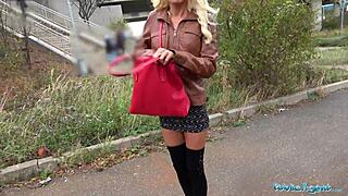 How does a tattooed busty German blonde get slammed against a tree in public?