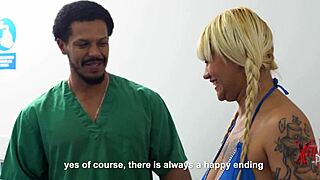 Kerly Hot, a Venezuelan blonde, seeks stress relief and indulges in passionate sex with a huge black masseur, featuring blowjobs, riding, and deepthroat.