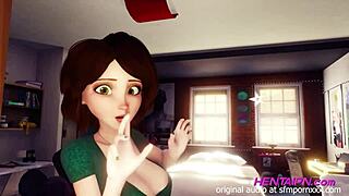 Milf In 3D Hentai With Short Hair And Big Tits In Green Shirt And Red Thong Shorts