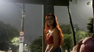 Risky Street Masturbation for Hot Redhead at Bus Stop