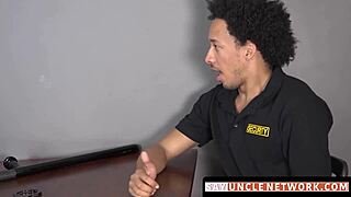 I suck the security officer's big cock then he fucks me.