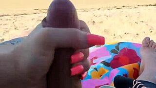 Public beach handjob leads to big cock cum covered face