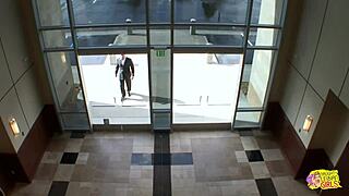 blonde and brunette lesbians muff diving and using dildo on leather sofa