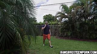 hot young brunette playing with the hose before he joins in