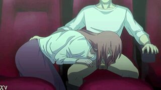 Stepsister gives a quick blowjob at the cinema during an anime porn movie marathon