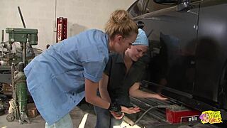 two girls enjoying an outdoor picnic in front of the garage with kissing and softcore fun