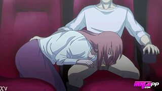 Stepsister gives a quick blowjob at the cinema during an anime porn movie marathon