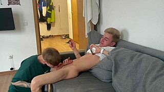 Seduced a guy with a monster cock into rimming and anal sex, cummed on a sweet twink