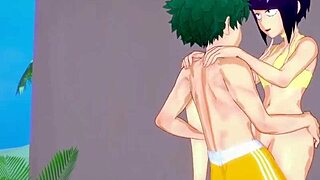 momo yaoyorozu and kyoka jiro tease izuku midoriya with big tits and creampie in my hero academia hentai