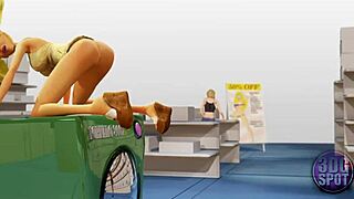 two busty lesbians try a double dildo in a public store