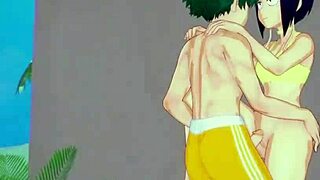 momo yaoyorozu and kyoka jiro tease izuku midoriya with big tits and creampie in my hero academia hentai
