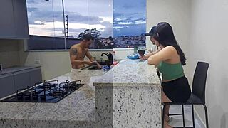 Wife enjoys a hot kitchen affair while her husband helps
