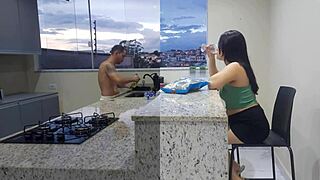 Wife enjoys a hot kitchen affair while her husband helps