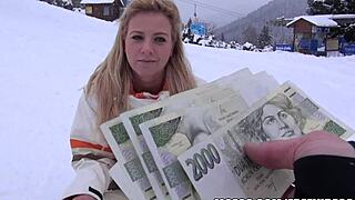 busty blonde skier lured back to lodge for a wild outdoor fuck.